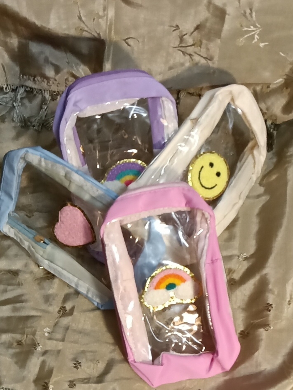Kids Clear Accessory Pouch SET with Pink, Purple, Blue & Cream Trim